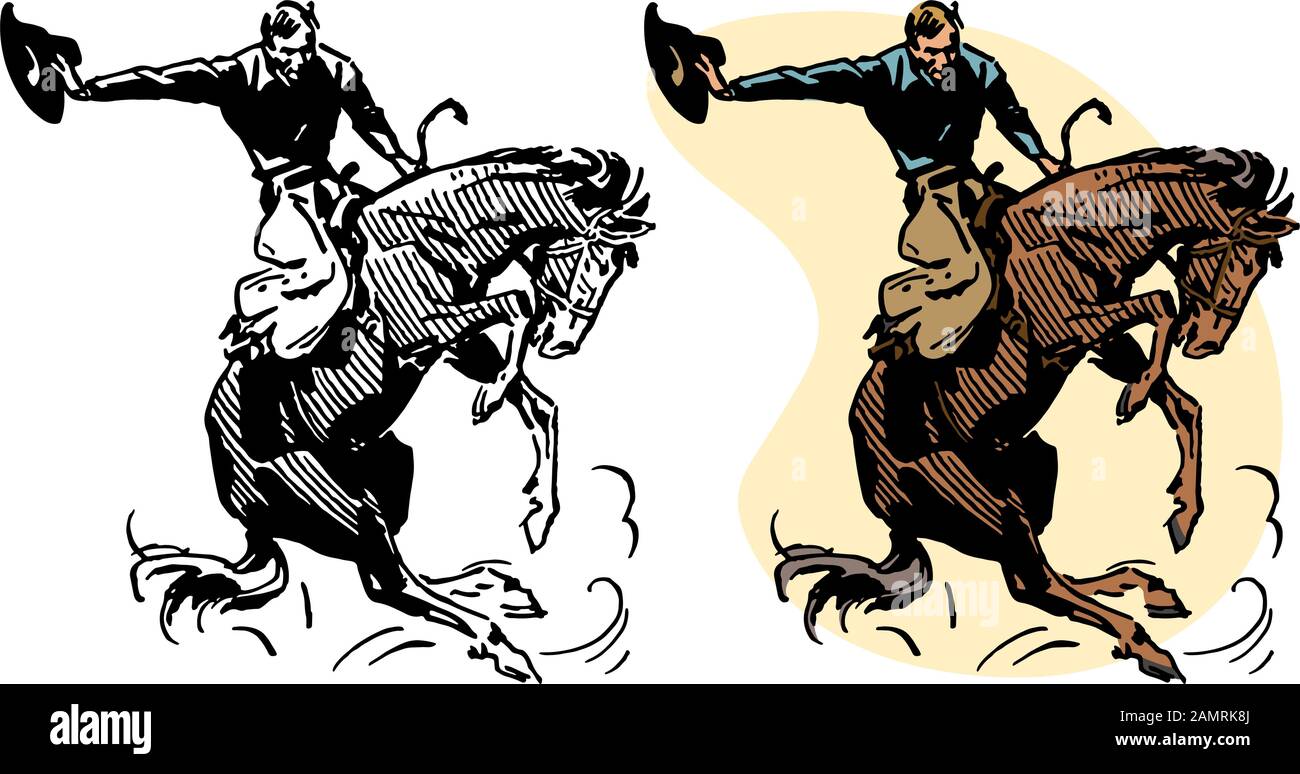 Un cowboy monte un bucking bronco dans un rodéo de performances. Illustration de Vecteur