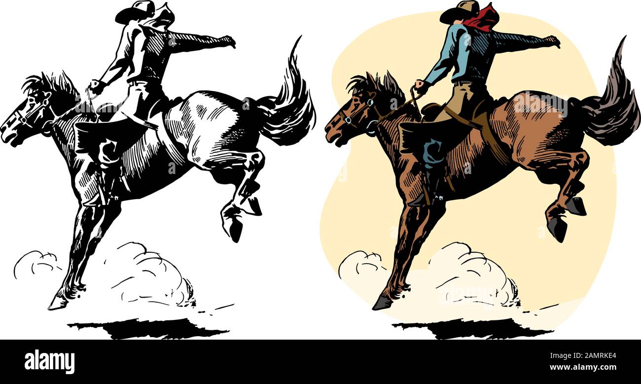 Un cowboy monte un bucking bronco dans un rodéo de performances. Illustration de Vecteur