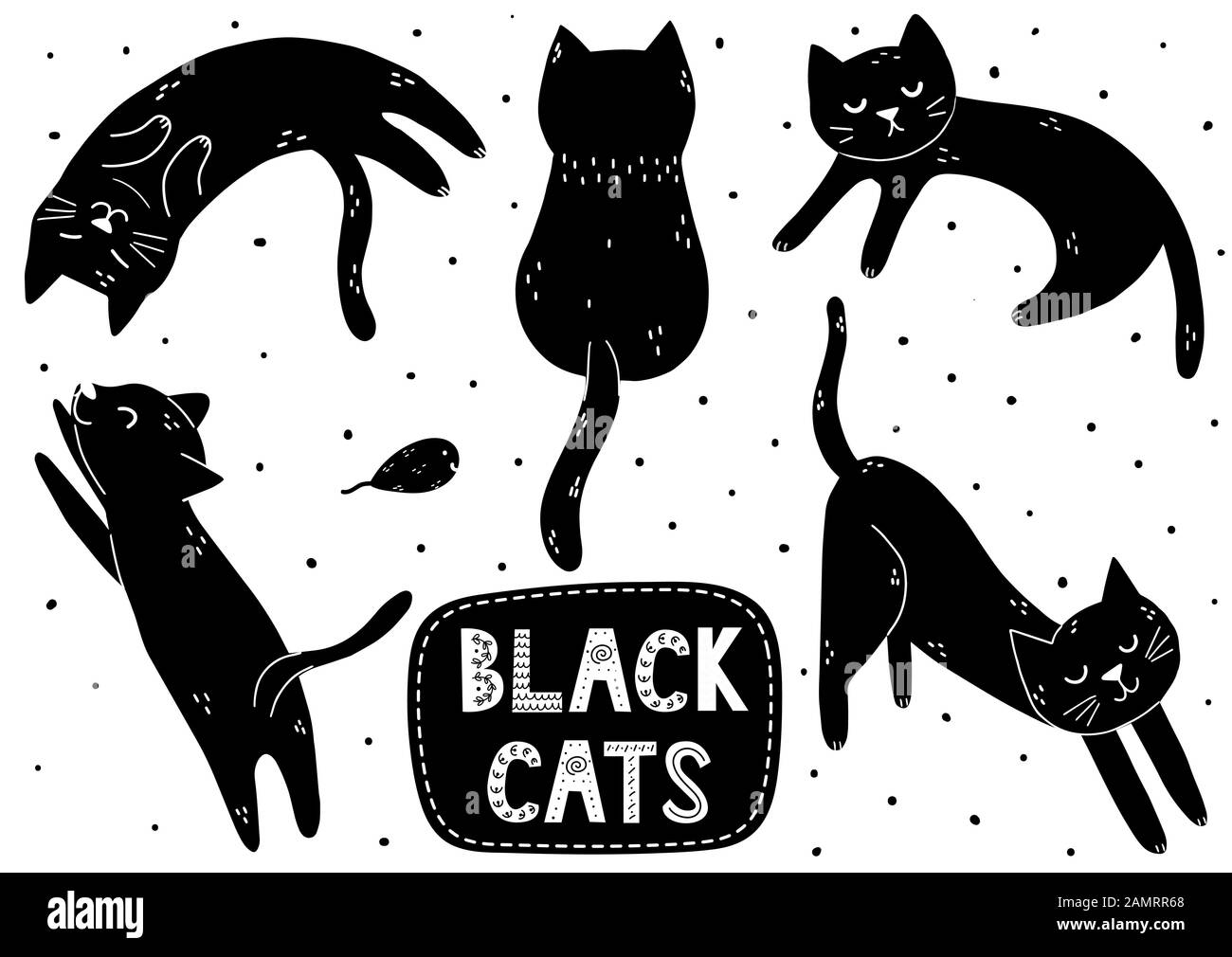 Ensemble chat noir mignon. Doodle chaton dans différentes poses collection Illustration de Vecteur