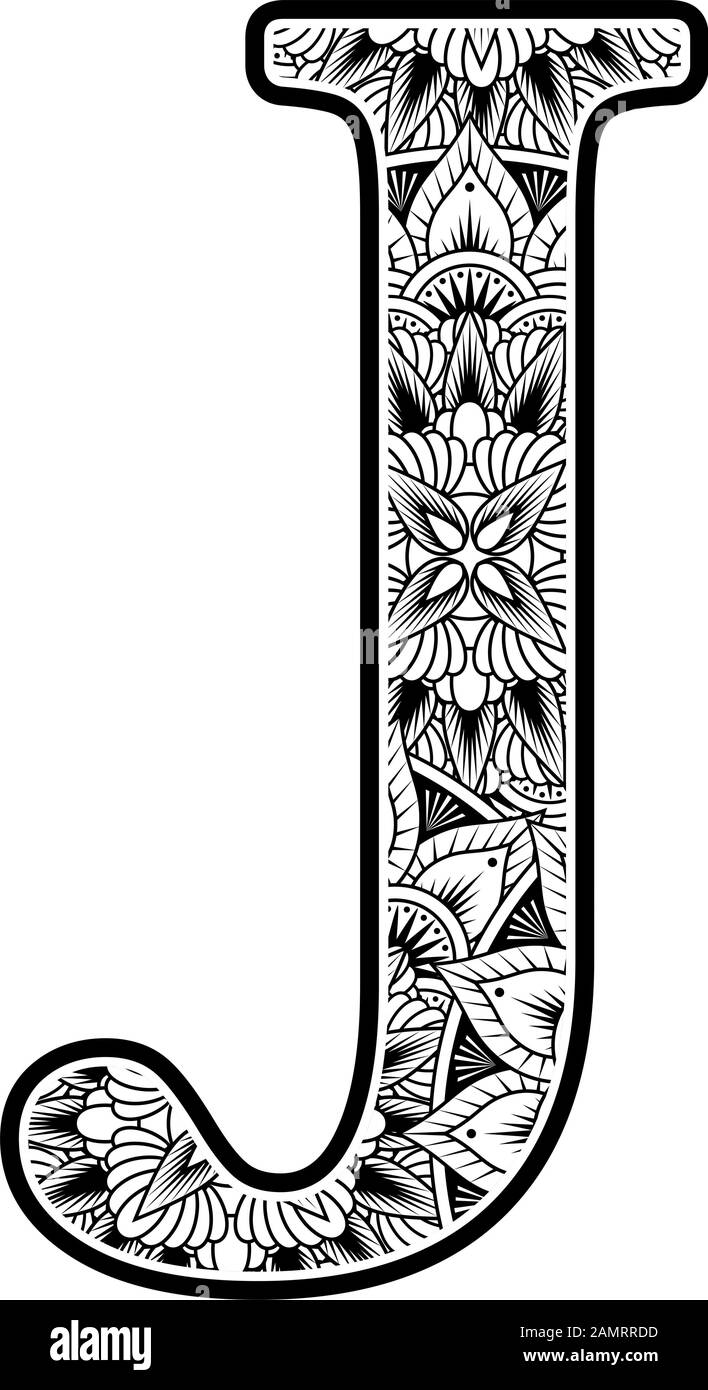 lettre j majuscule avec ornements abstraits de fleurs en noir et blanc. design inspiré du style d'art mandala pour colorier. Isolé sur fond blanc Illustration de Vecteur