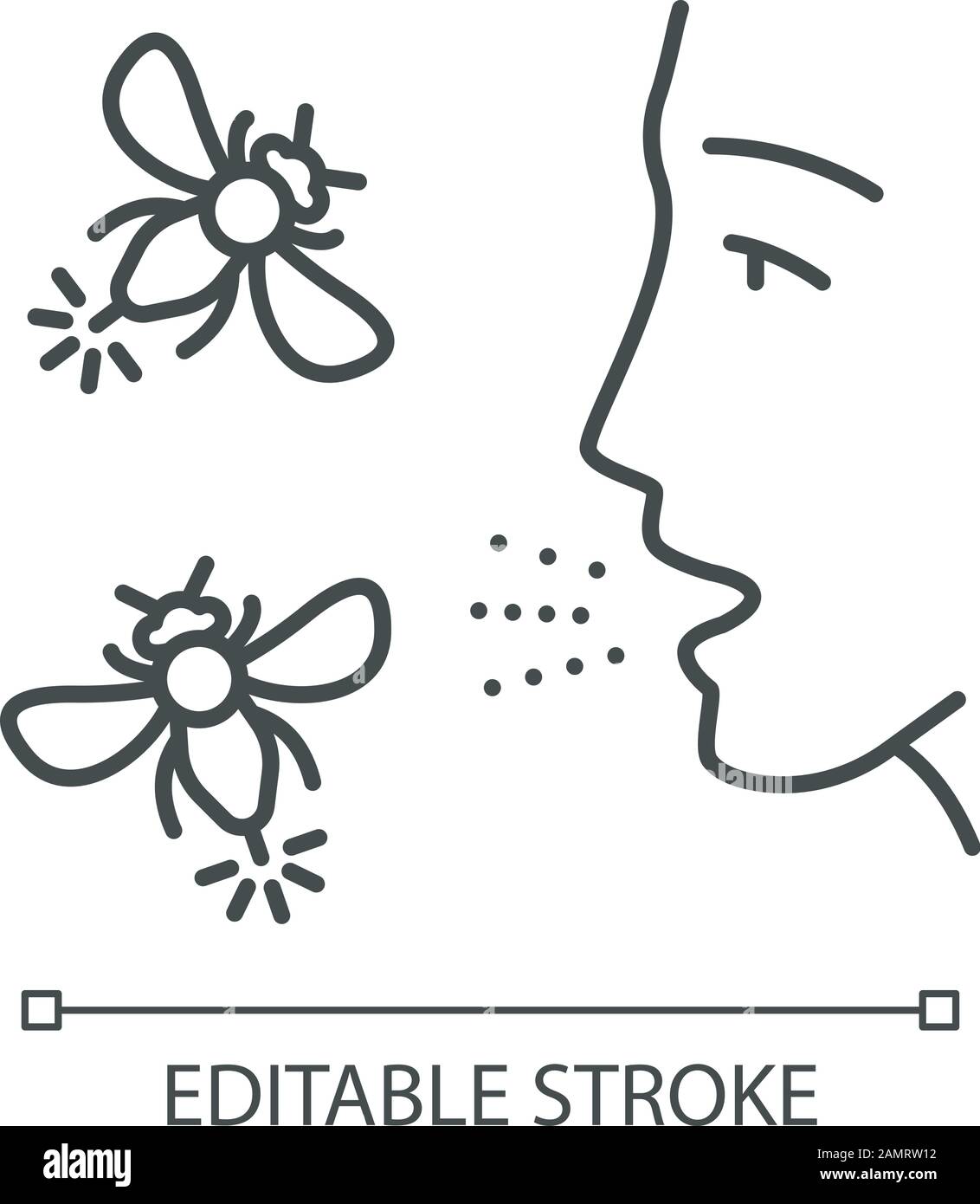 Icône linéaire allergies aux piqûres d'insectes. Hypersensibilité du système immunitaire. Visage humain et insectes volants. Illustration de la ligne fine. Symbole de contour. Vect Illustration de Vecteur