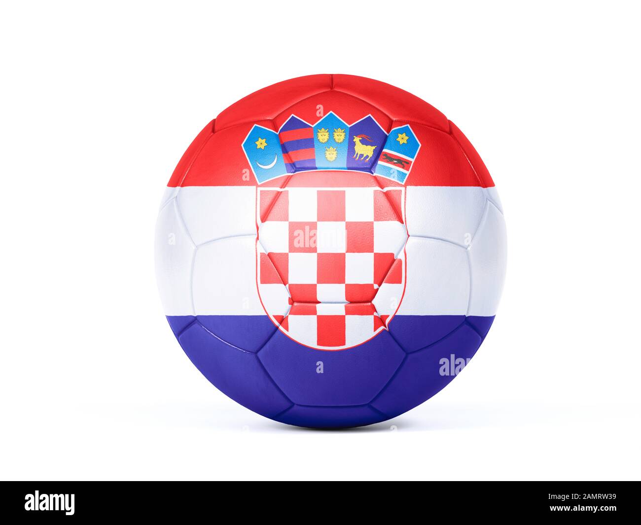 Football ou ballon de football aux couleurs du drapeau national croate conceptuel du soutien d'équipe dans les championnats ou la coupe du monde isolé sur blanc Banque D'Images