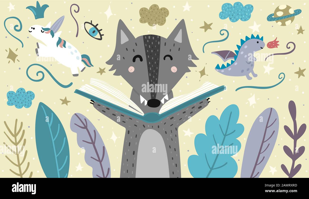 Bannière avec un joli loup lisant un conte de fées Illustration de Vecteur