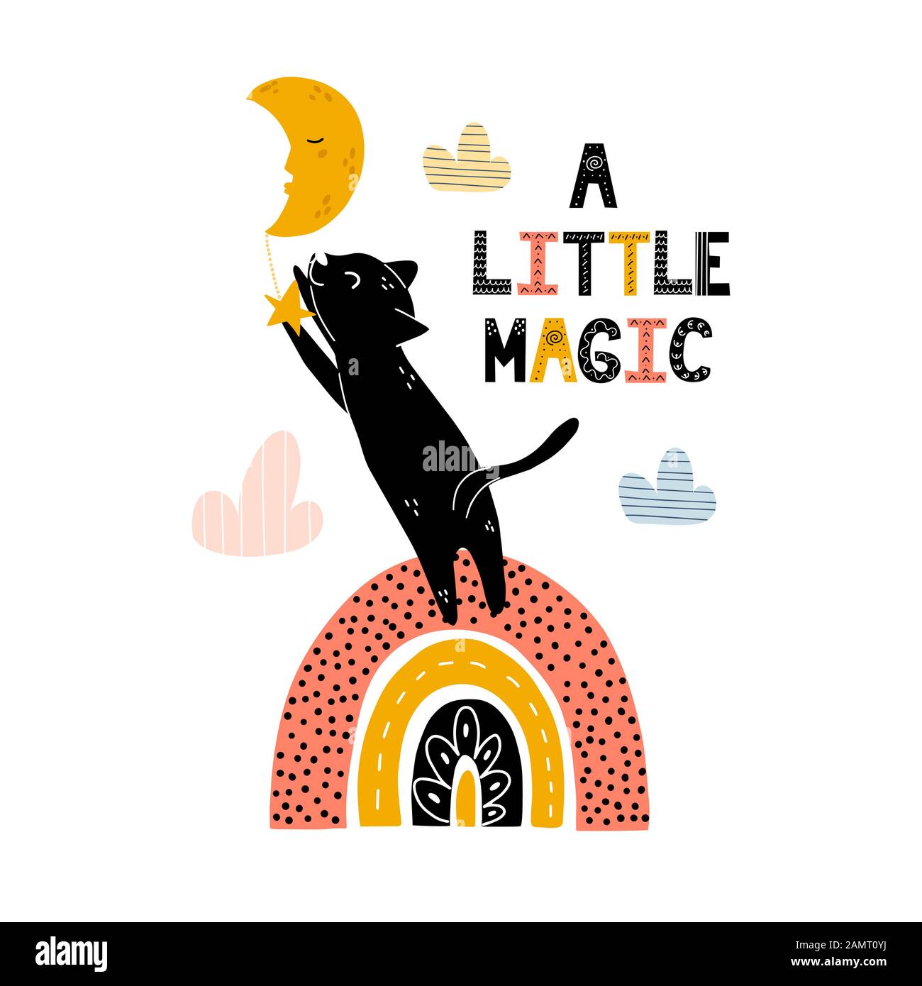 Un petit imprimé magique avec un chat noir mignon debout sur l'arc-en-ciel et de capturer l'étoile Illustration de Vecteur