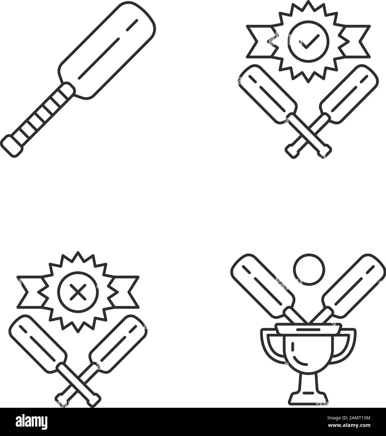 Jeu d'icônes linéaires de championnat de cricket. Tournoi sportif. Batte, champion Cup, gagner, défaite. Compétition de Ligue. Symboles de contour de ligne mince. Vecteur isolé Illustration de Vecteur