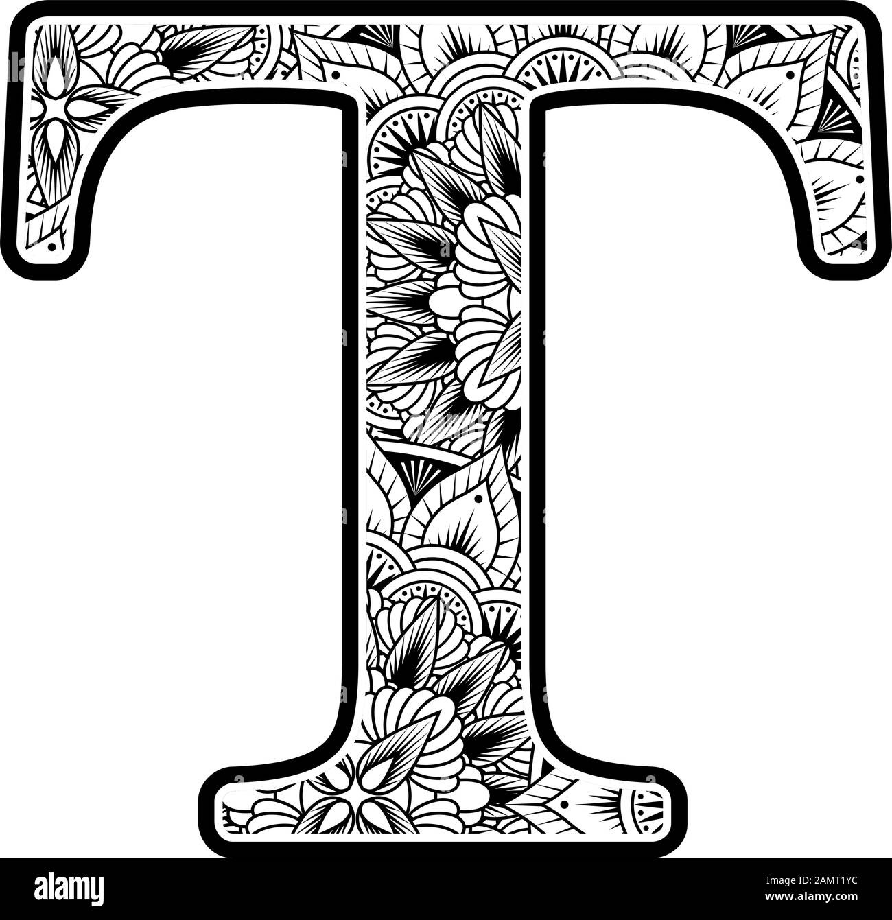 lettre majuscule t avec ornements abstraits de fleurs en noir et blanc. design inspiré du style d'art mandala pour colorier. Isolé sur fond blanc Illustration de Vecteur
