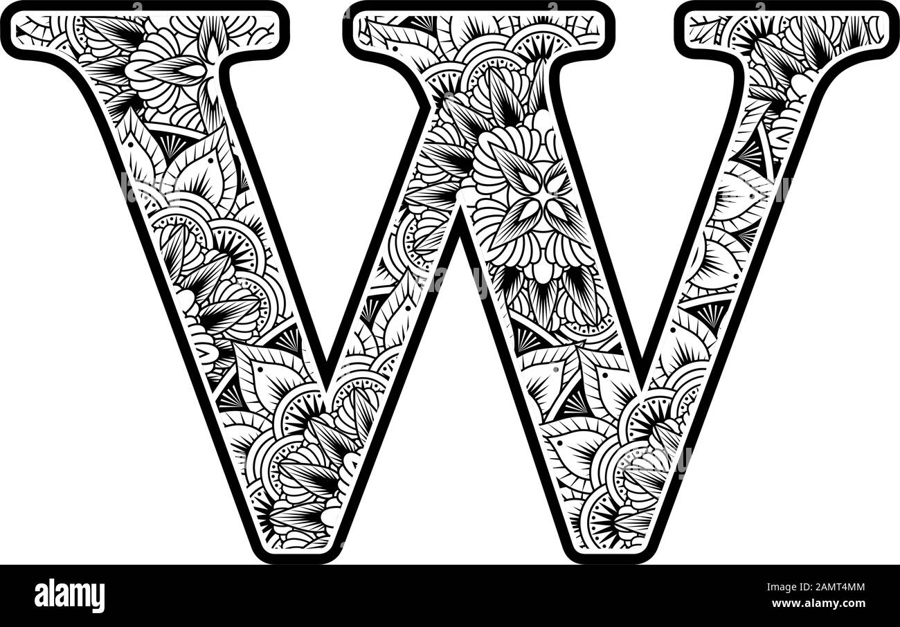 lettre majuscule w avec ornements abstraits de fleurs en noir et blanc. design inspiré du style d'art mandala pour la coloration. Isolé sur fond blanc Illustration de Vecteur