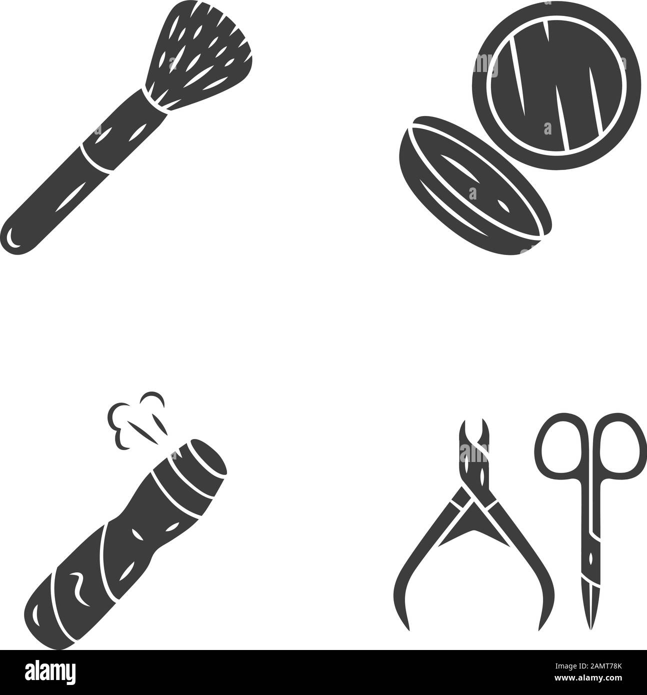 Jeu d'icônes de glyphe pour accessoires de soin de la peau. Attributs de maquillage, symboles de silhouette d'hygiène féminine. Salon de beauté produits vecteur isolé illustration. Cos Illustration de Vecteur