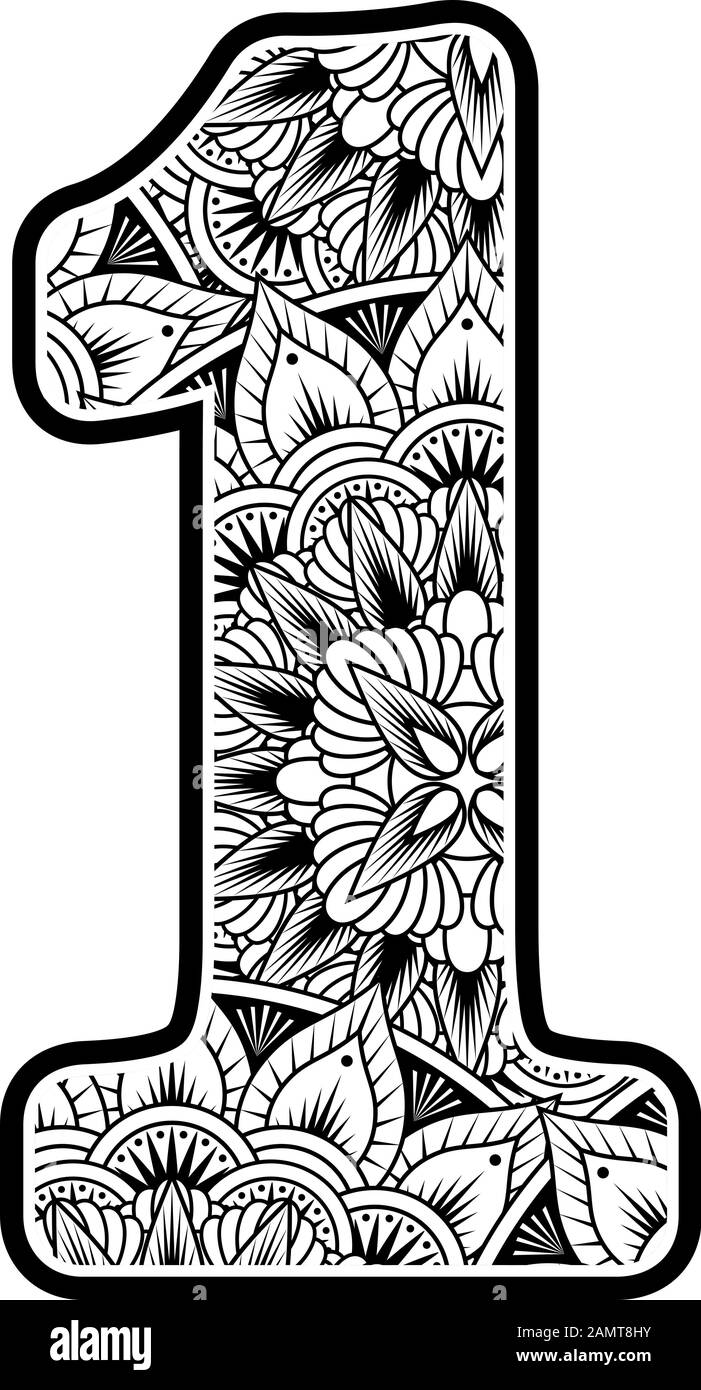 numéro 1 avec ornements abstraits de fleurs en noir et blanc. design inspiré du style d'art mandala pour colorier. Isolé sur fond blanc Illustration de Vecteur