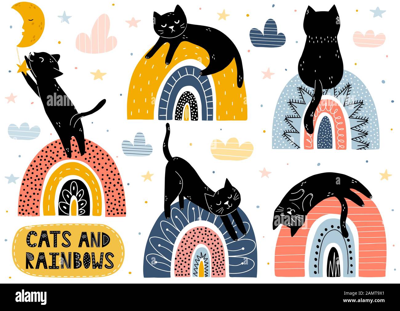 Collection chats et arcs-en-ciel. Éléments isolés fantaisie avec de jolis personnages Illustration de Vecteur