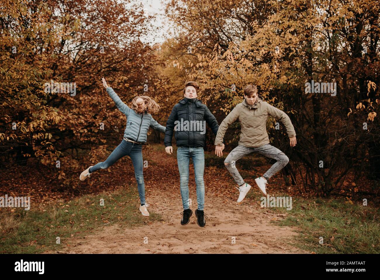 Trois enfants en automne sautant dans les bois en avion, Pays-Bas Banque D'Images