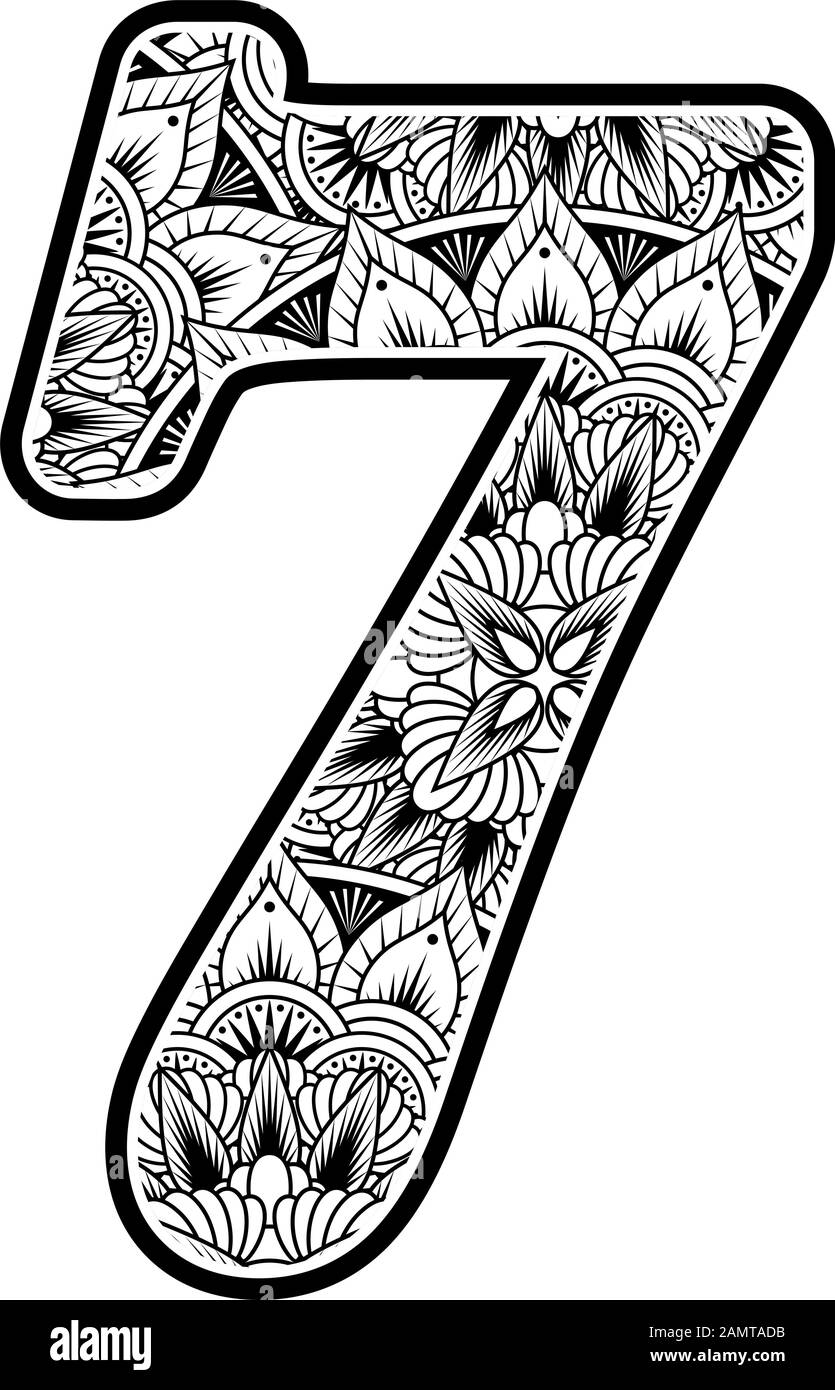 numéro 7 avec ornements abstraits de fleurs en noir et blanc. design inspiré du style d'art mandala pour colorier. Isolé sur fond blanc Illustration de Vecteur