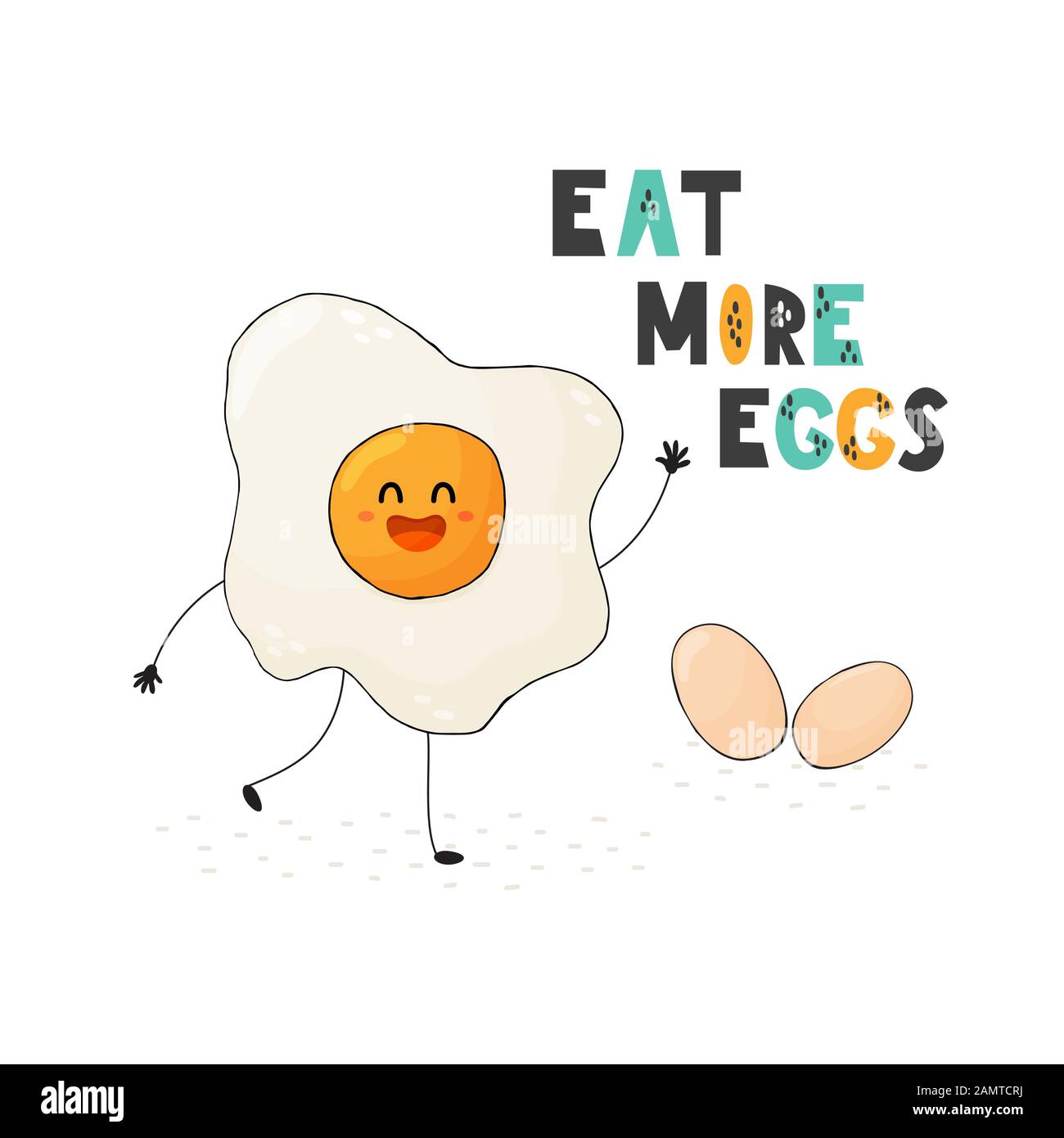 Mangez plus d'œufs carte mignonne dans le style puéril. Imprimé dessin animé Illustration de Vecteur