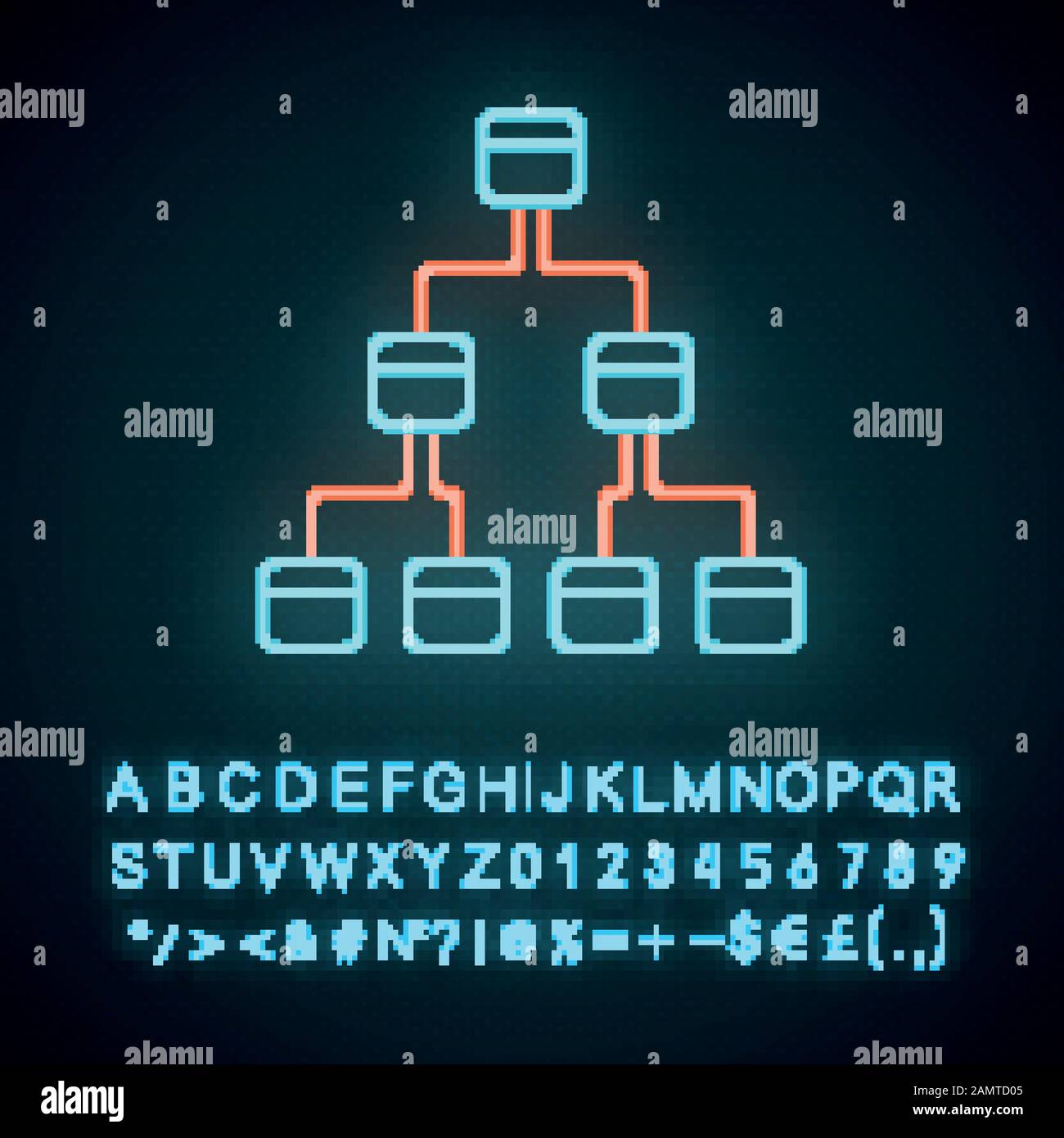 Diagramme d'arbre icône de néon. Système hiérarchique. Diagramme de liaison de nœud. Arborescence. Séquence et soumission. Signe lumineux avec alphabet, chiffres et Illustration de Vecteur