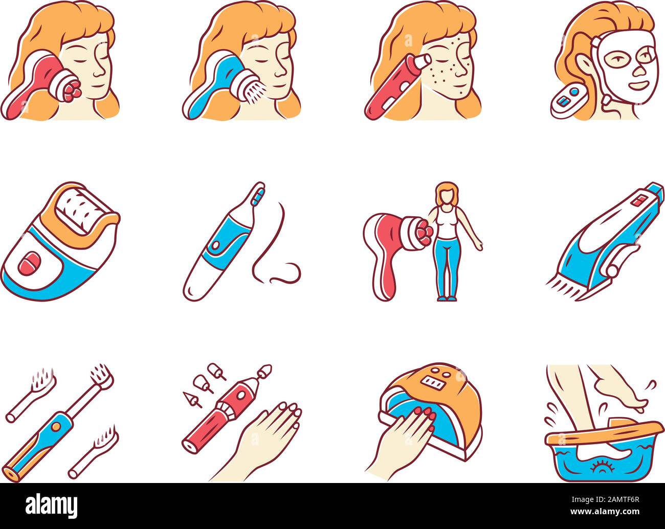 Ensemble d'icônes de couleur des appareils de beauté. Procédures de cosmologie à domicile et en salon. Gadgets, instruments de beauté. Masseur pour visage, décapant pour tête noire, épilateur, nez h. Illustration de Vecteur