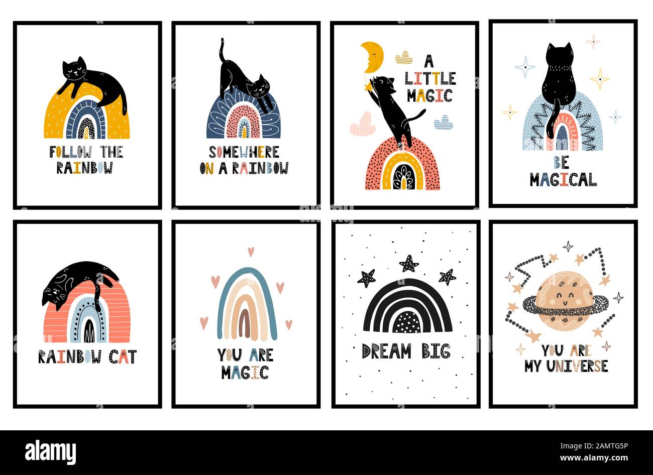 Collection d'affiches pour pépinières de chats et d'arcs-en-ciel. Set d'art mural avec mignonne chaton noir Illustration de Vecteur