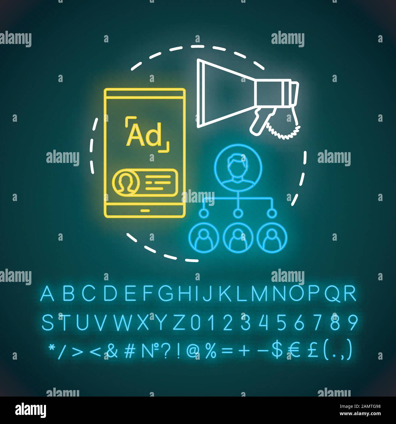Programme de recommandation promotion concept néon icône. SMM, réseaux sociaux, stratégie, partage social. Encouragement des clients. Alphabet brillant, chiffres Illustration de Vecteur