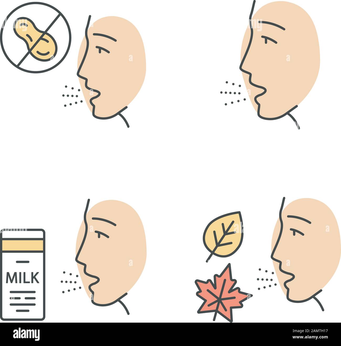 Jeu d'icônes de couleur allergies. Arachide, lait, poussière, intolérance au moule. Causes et symptômes des maladies allergiques. Hypersensibilité du système immunitaire. Médical Illustration de Vecteur