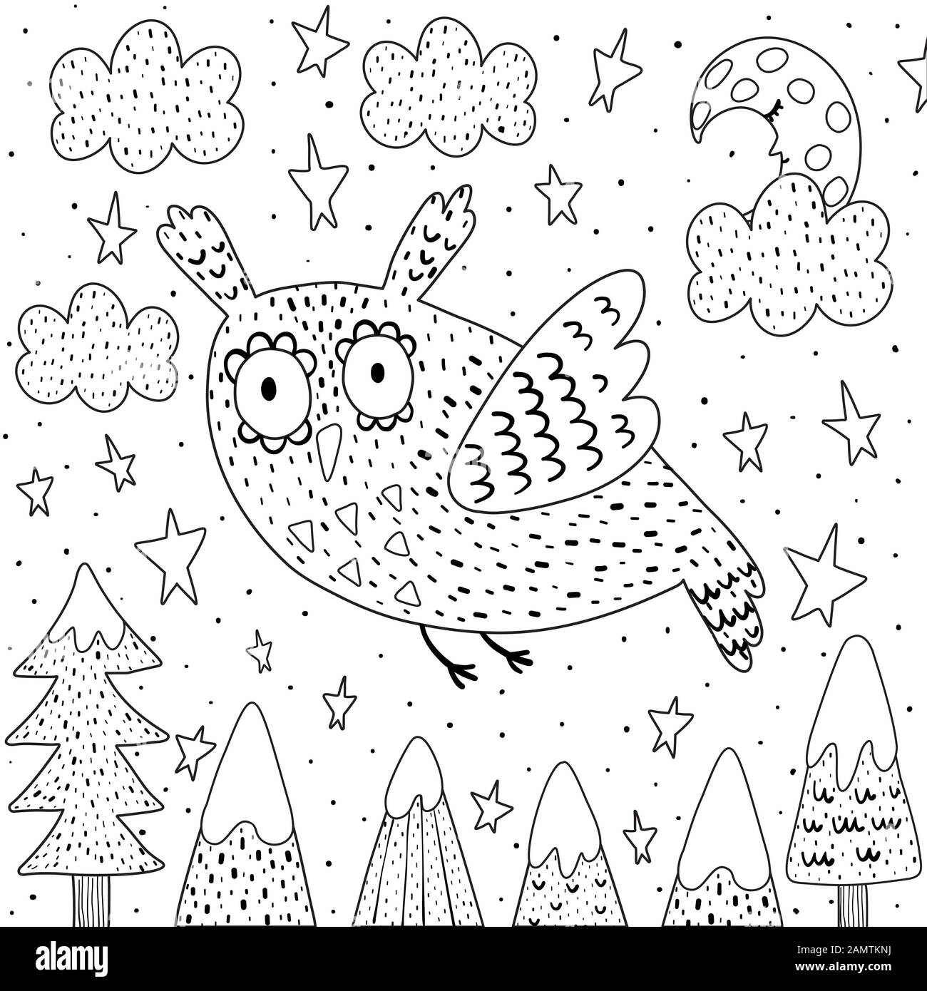 Fantasy chouette volant dans la page de coloriage du ciel Illustration de Vecteur