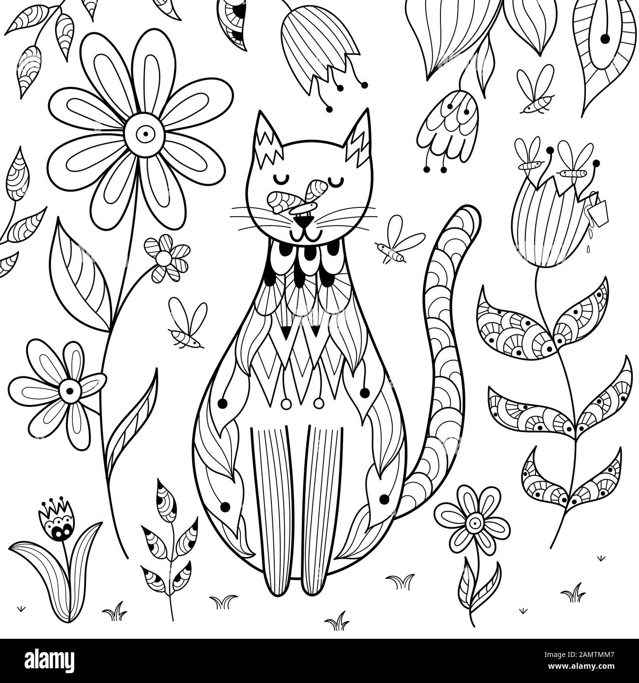 Papillon assis sur le nez de chat drôle page de coloriage Illustration de Vecteur