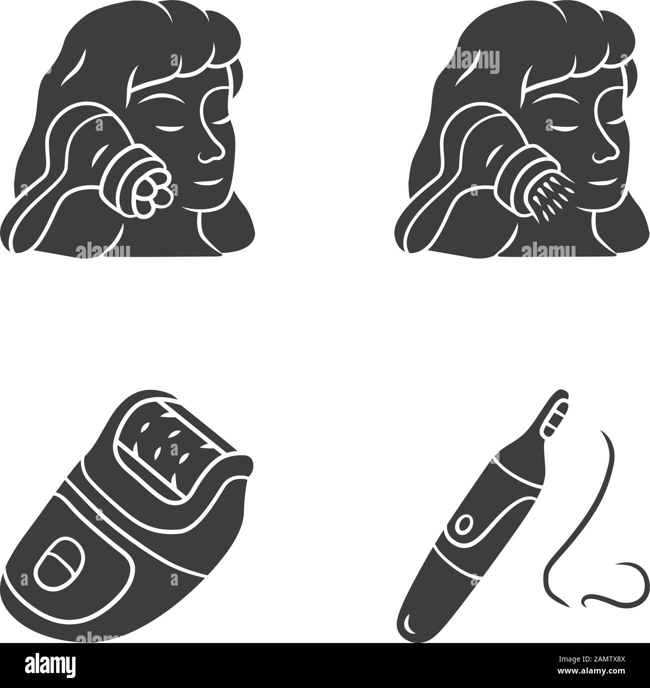 Ensemble d'icônes de glyphes des appareils de beauté. Masseur pour visage, brosse de nettoyage, épilateur et tondeuse nez. Instruments de cosmologie. Soins de la peau. Outils de beauté. Silho Illustration de Vecteur