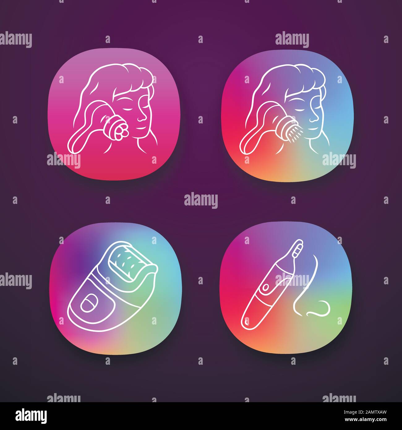Ensemble d'icônes d'application des appareils de beauté. Masseur pour visage, brosse de nettoyage, épilateur et tondeuse nez. Outils électriques de beauté. Interface utilisateur UI/UX. Web ou mobil Illustration de Vecteur