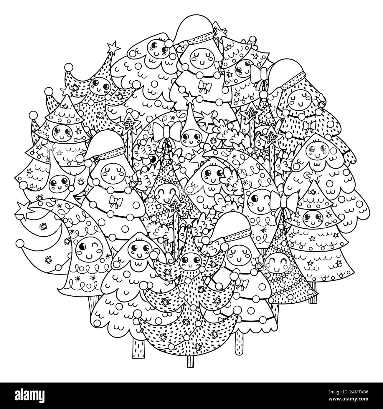 Page de coloriage en forme de cercle avec des arbres de Noël drôles Illustration de Vecteur