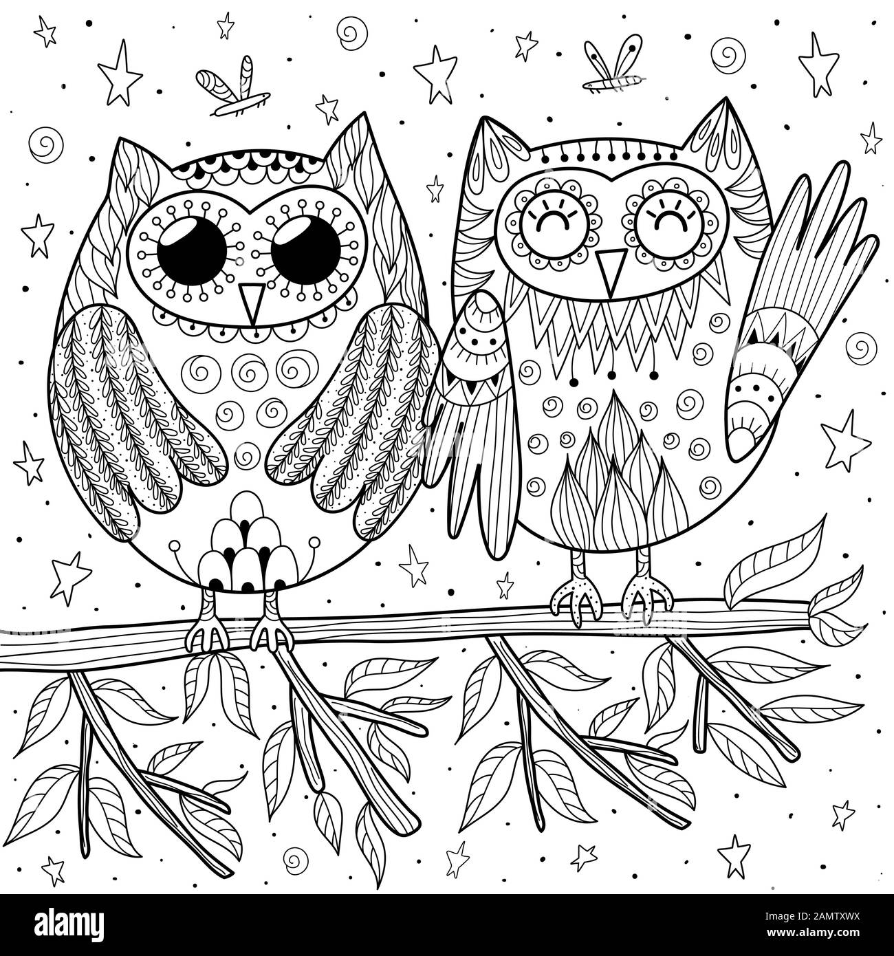 couple de chouettes drole assis sur la page coloriage branche image vectorielle stock alamy licorne avec des ailes et un humain