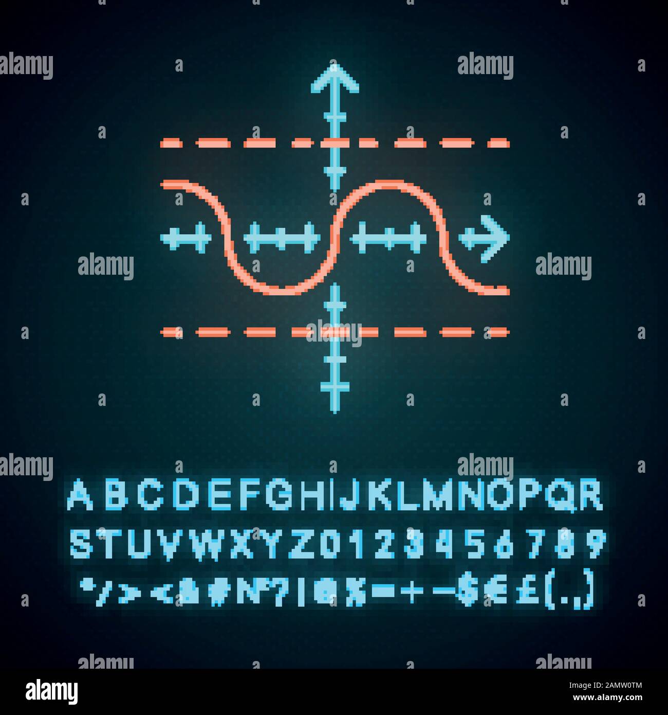 Icône du graphique de fonction au néon. Fonction dupliquée. Sinusoid. Courbe sinusoïdale. Schéma. Graphique mathématique. Acoustique, onde lumineuse. Signe lumineux avec alphabet, numbe Illustration de Vecteur