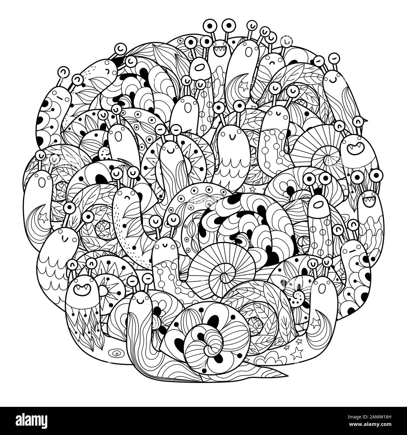 Drôle de escargots cercle forme coloriage page pour adultes et enfants Illustration de Vecteur