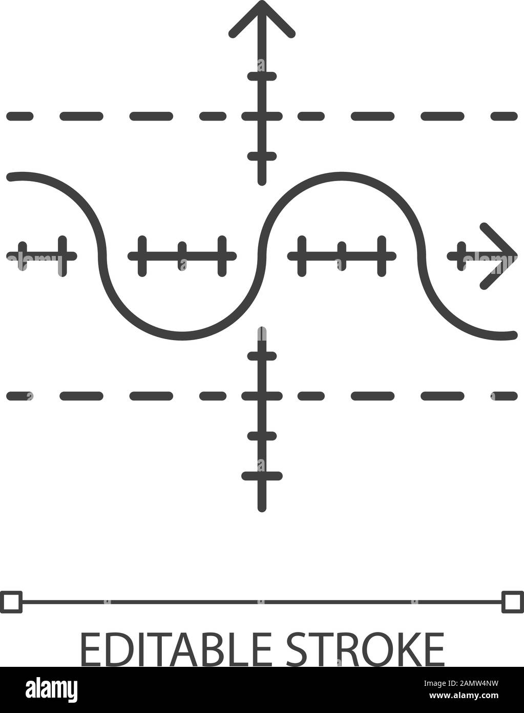 Icône linéaire de graphique de fonction. Fonction dupliquée. Sinusoid. Courbe sinusoïdale. Schéma. Graphique mathématique. Onde acoustique. Illustration de la ligne fine. Symbole de contour. Vect Illustration de Vecteur