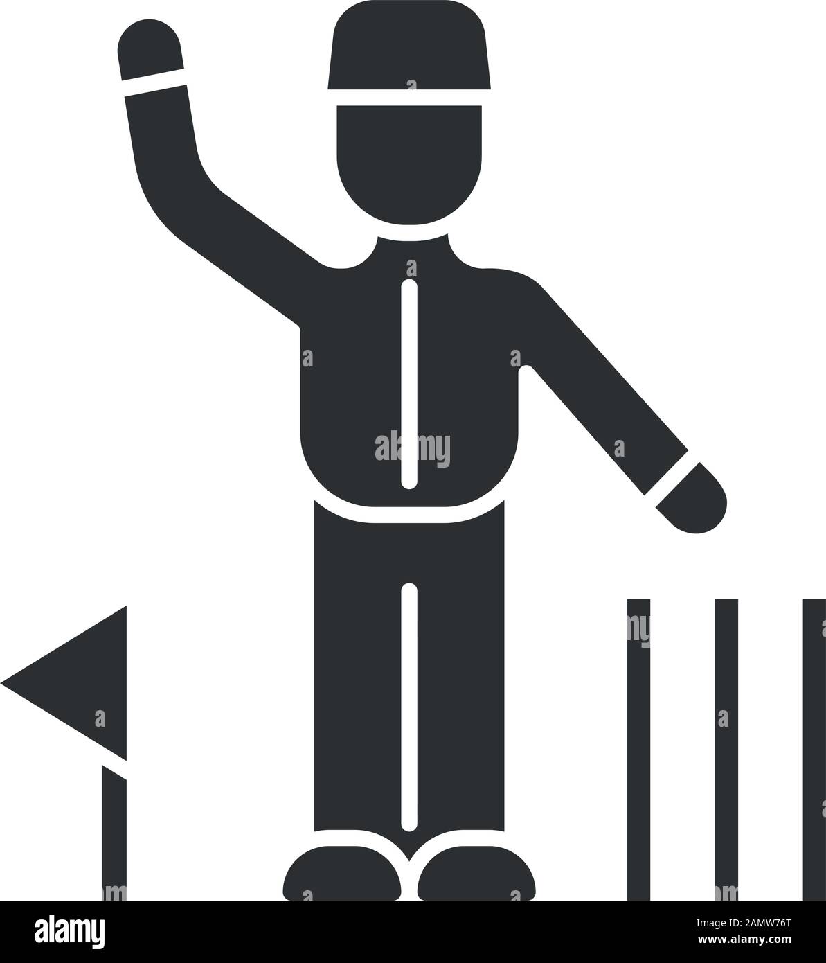 Icône glyphe du juge de cricket. Le juge-arbitre signale la décision. Arbitre suivre le jeu. Homme en uniforme, drapeau, cicket. Compétition sportive, tournoi. Silhouette sym Illustration de Vecteur