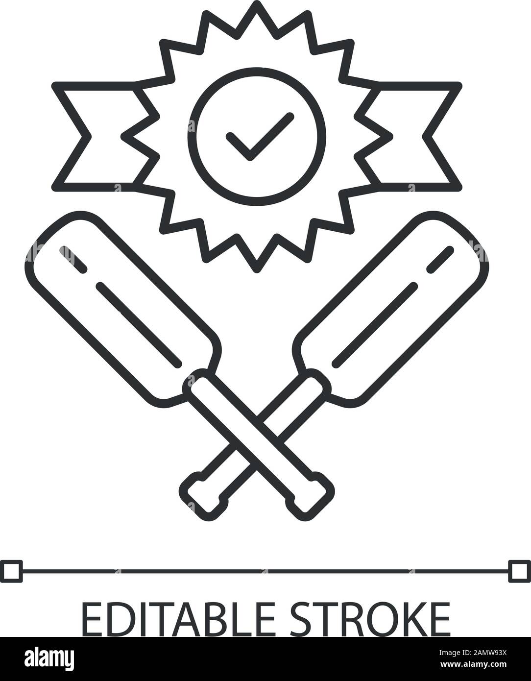 Icône linéaire Cricket WIN. Tournoi sportif. Trophée gagnant, morceaux croisés. Résultat total du jeu. Compétition de Ligue. Illustration de la ligne fine. Symbole de contour. Illustration de Vecteur