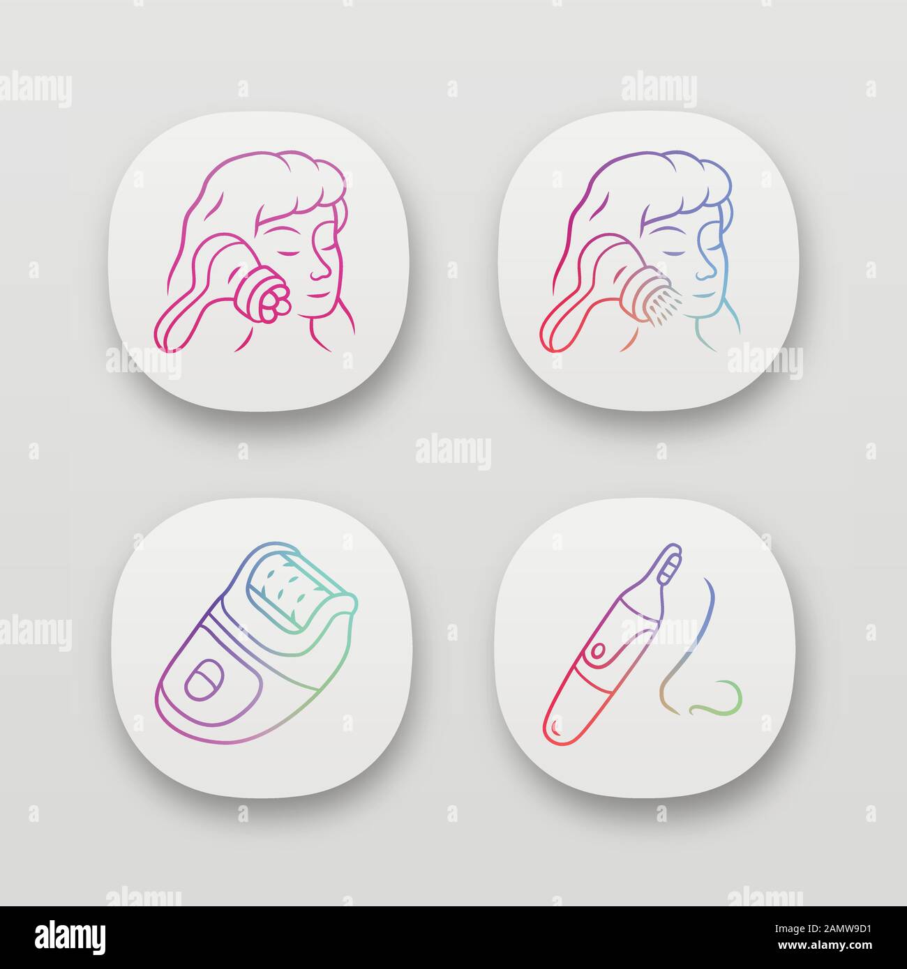 Ensemble d'icônes d'application des appareils de beauté. Masseur pour visage, brosse de nettoyage, épilateur et tondeuse nez. Instruments de cosmologie. Interface utilisateur UI/UX. Web ou mob Illustration de Vecteur