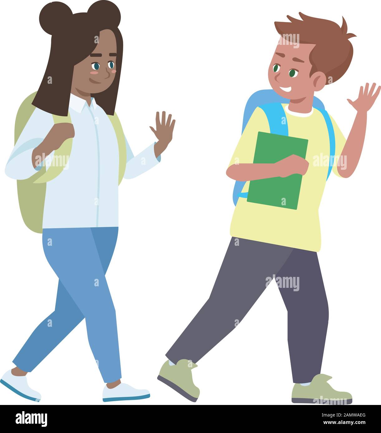 Les écoliers multiraciaux disent au revoir illustration vectorielle plate. Heureux camarades multiculturels saluant isolés sur des personnages de dessin animé blancs. Caucai Illustration de Vecteur
