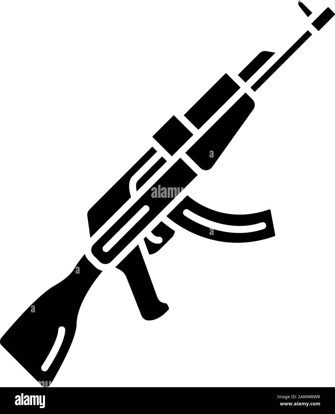 Icône glyphe d'arme AKM. Arme à feu de jeu vidéo virtuelle, pistolet. Fusil de jeu de tir. Cybersport, inventaire militaire des tireurs esport, équipement. Symbole silhouette Illustration de Vecteur