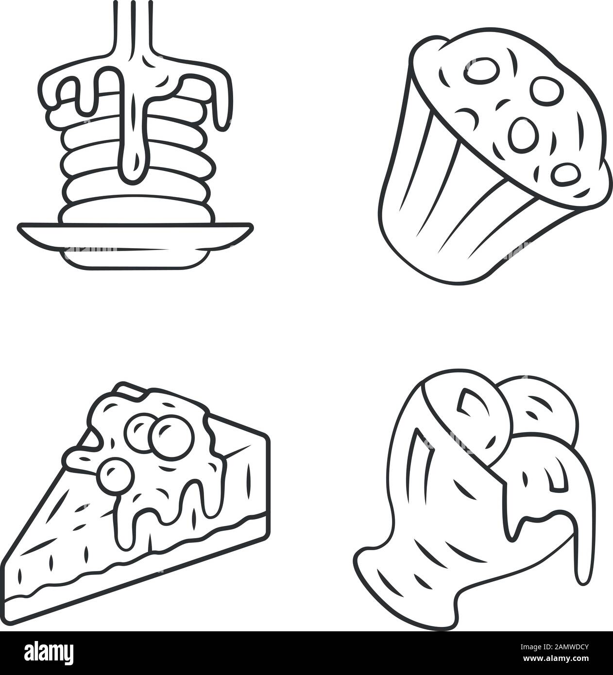 Jeu d'icônes linéaires desserts. Crêpes, muffin, cheesecake, crème glacée. Menu confiseries. Plats sucrés, plats de confection. Symboles de contour de ligne mince. Isol Illustration de Vecteur