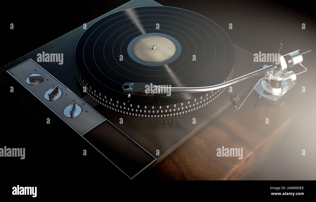 Un plateau tournant vintage sans marque jouant un enregistrement en vinyle sur un fond sombre sombre rétroéclairé par moody - rendu tridimensionnel Banque D'Images