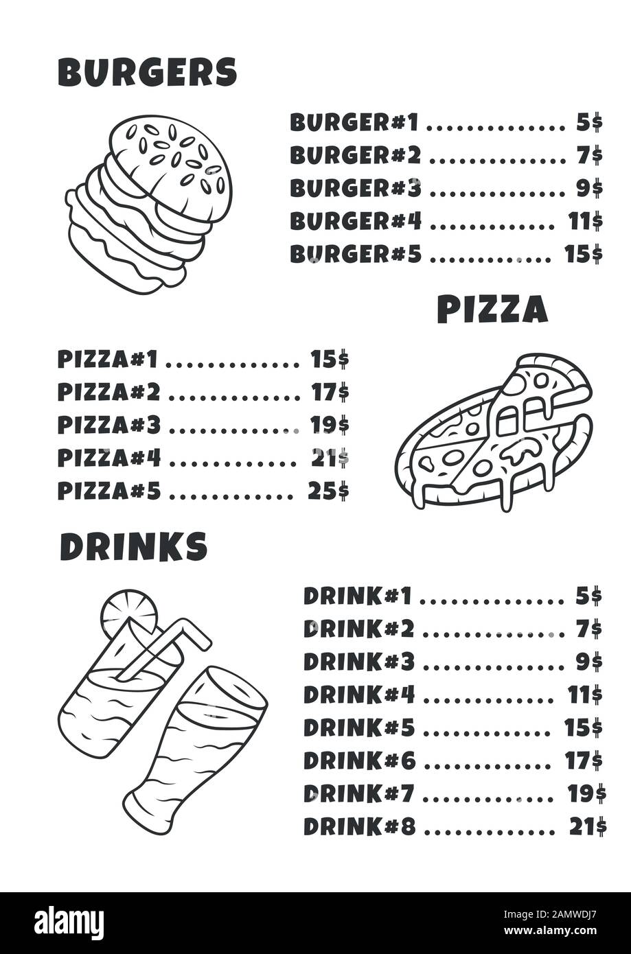 Modèle de menu Fast food. Hamburgers, pizza, boissons. Imprimer la conception avec des icônes linéaires. Illustrations vectorielles conceptuelles. Restaurant, bannière de café, broch de flyer Illustration de Vecteur