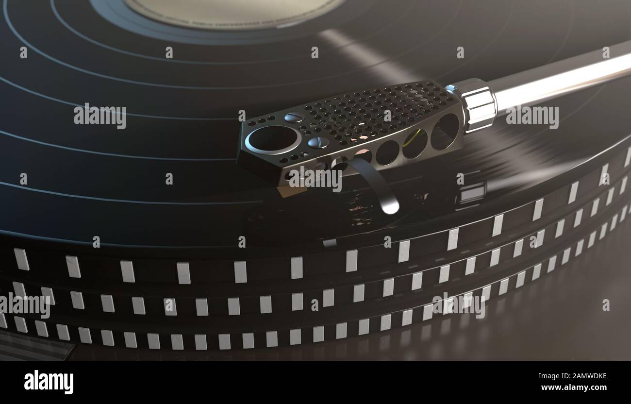 Un plateau tournant vintage sans marque jouant un enregistrement en vinyle sur un fond sombre sombre rétroéclairé par moody - rendu tridimensionnel Banque D'Images