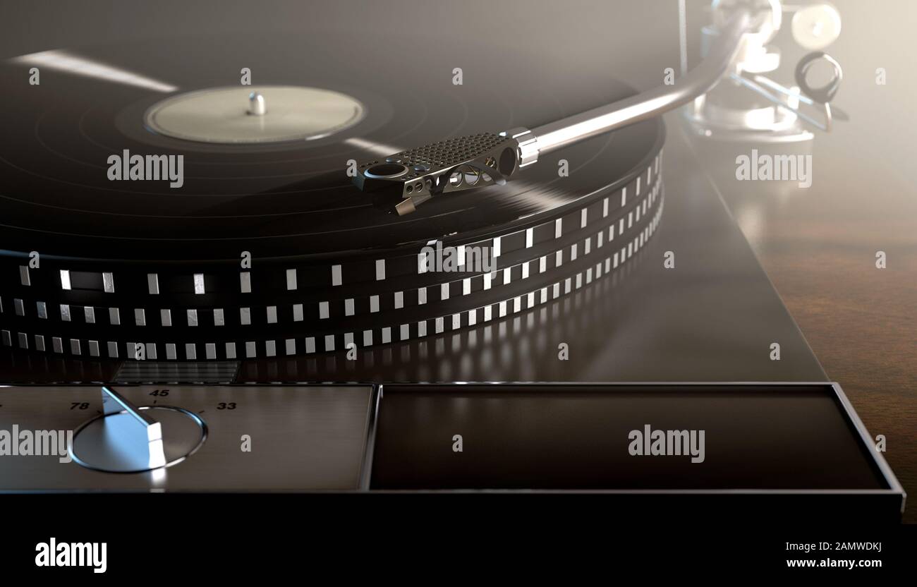Un plateau tournant vintage sans marque jouant un enregistrement en vinyle sur un fond sombre sombre rétroéclairé par moody - rendu tridimensionnel Banque D'Images