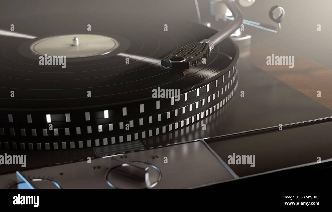 Un plateau tournant vintage sans marque jouant un enregistrement en vinyle sur un fond sombre sombre rétroéclairé par moody - rendu tridimensionnel Banque D'Images
