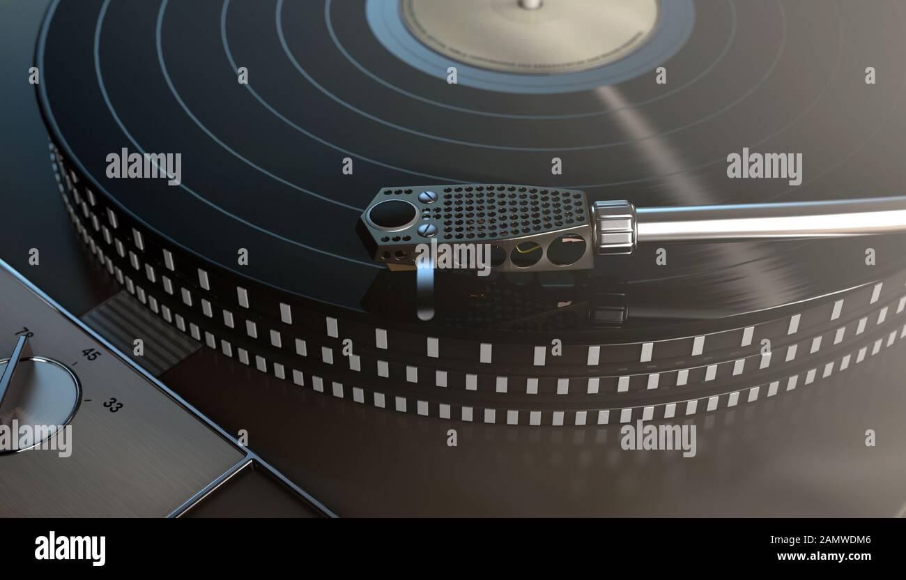 Un plateau tournant vintage sans marque jouant un enregistrement en vinyle sur un fond sombre sombre rétroéclairé par moody - rendu tridimensionnel Banque D'Images