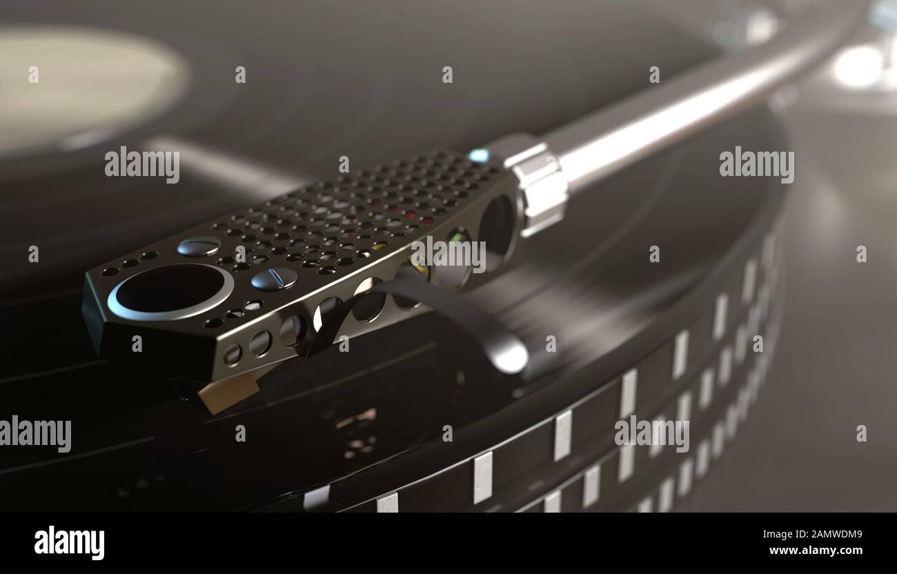 Un plateau tournant vintage sans marque jouant un enregistrement en vinyle sur un fond sombre sombre rétroéclairé par moody - rendu tridimensionnel Banque D'Images