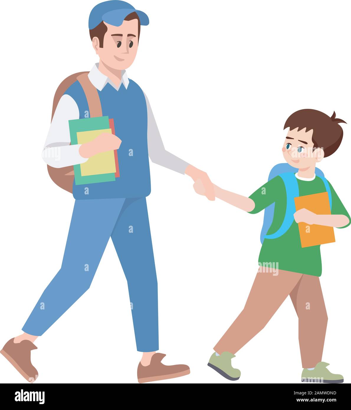 Frères tenant les mains et allant à l'école plate illustration vectorielle. Préadolescents et adolescents avec sacs à dos et manuels scolaires. Les enfants de l'école ont mal Illustration de Vecteur