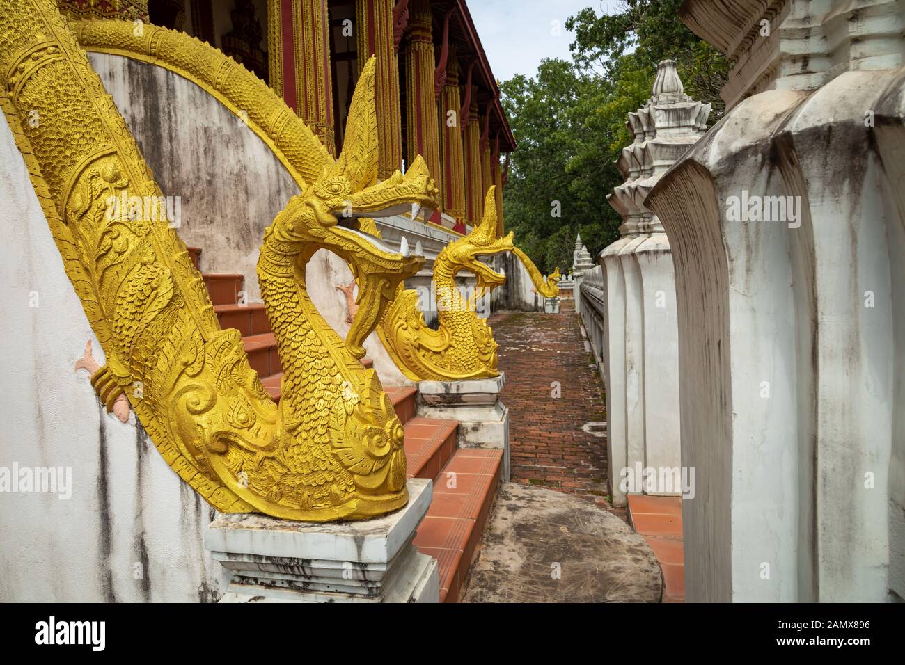 Statues de Dragons à Haw Phra Kaew, également écrit que Ho Prakeo, Hor Phra Keo, Vientiane, Laos. Banque D'Images