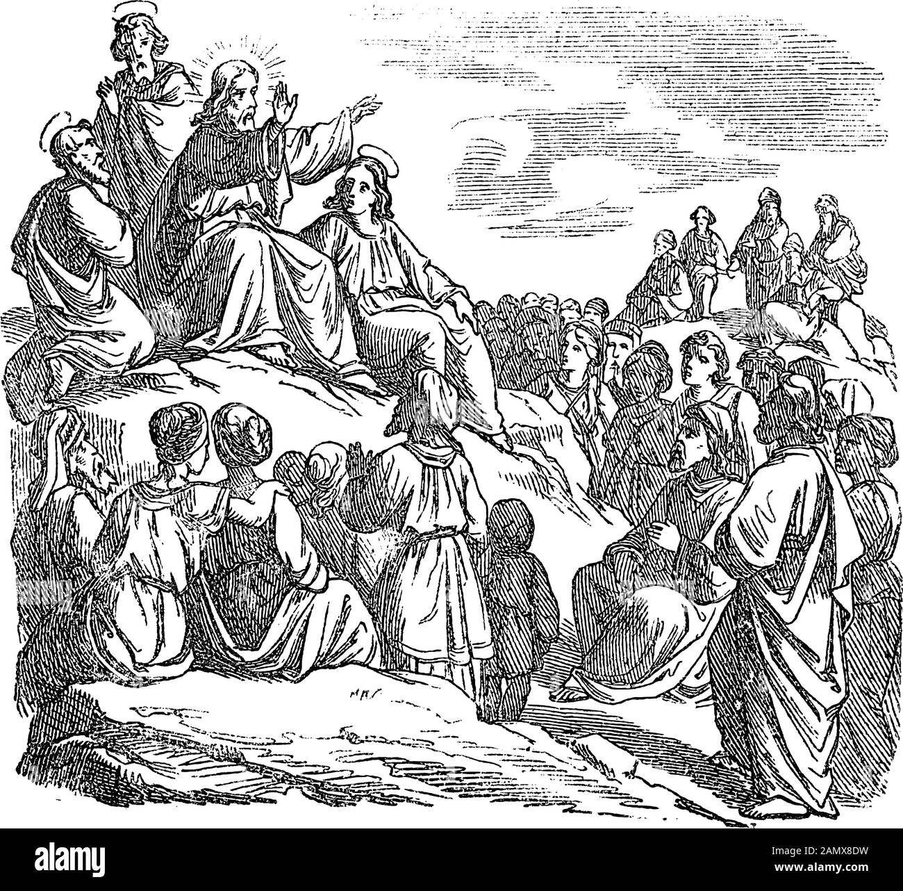 Dessin vintage ou gravure de l'histoire biblique de Jésus enseignant la foule, sermon sur le mont. Bible, Nouveau Testament, Mathew 5. Biblische Geschichte , Allemagne 1859. Illustration de Vecteur