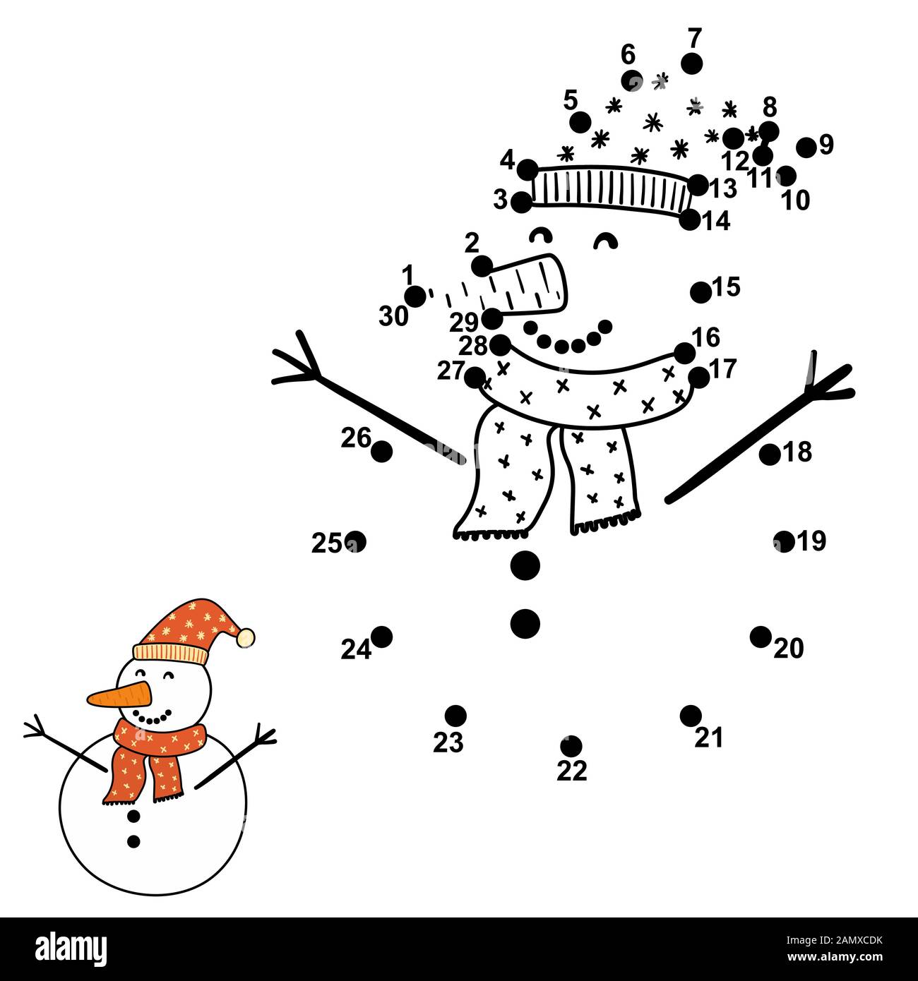 Connectez les points et dessinez un bonhomme de neige drôle Illustration de Vecteur