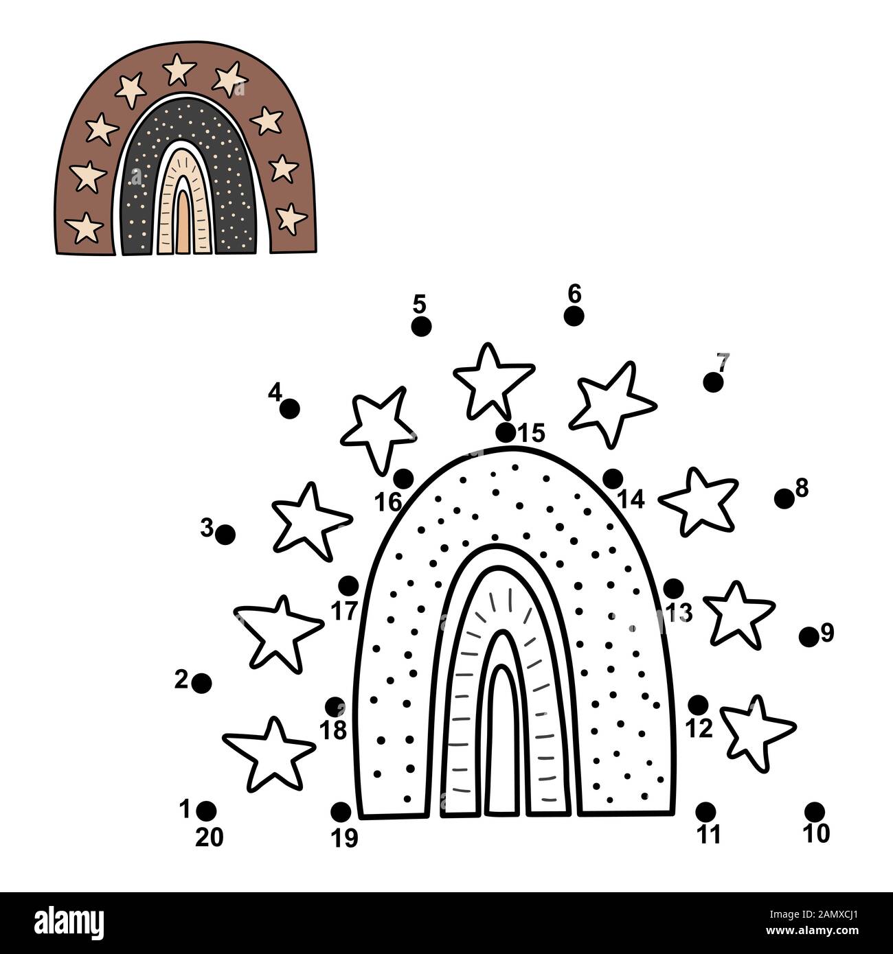 Jeu de puzzle point à point pour les enfants. Rejoignez les chiffres et dessinez un joli arc-en-ciel Illustration de Vecteur