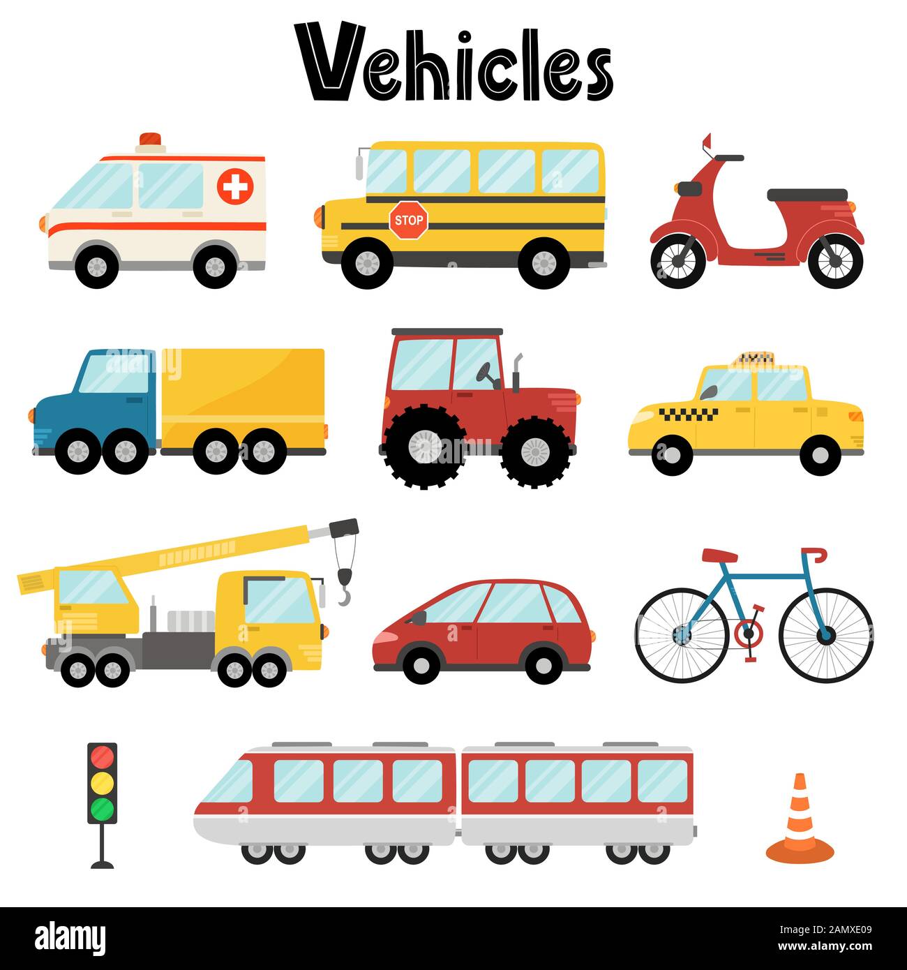 Ensemble de transport urbain avec voiture, bus, grue, ambulance, tracteur, Illustration de Vecteur